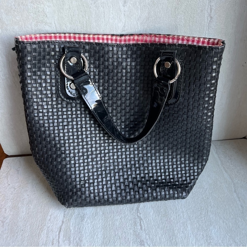 Maurizio Taiuti Black Quilted Woven bucket Bag w/ Saddle Tan Leather strap